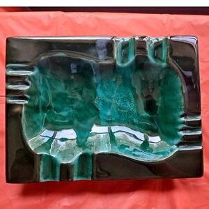 Vintage Ceramic Ashtray Mid Century Modern Green Glaze Unique Design Accent